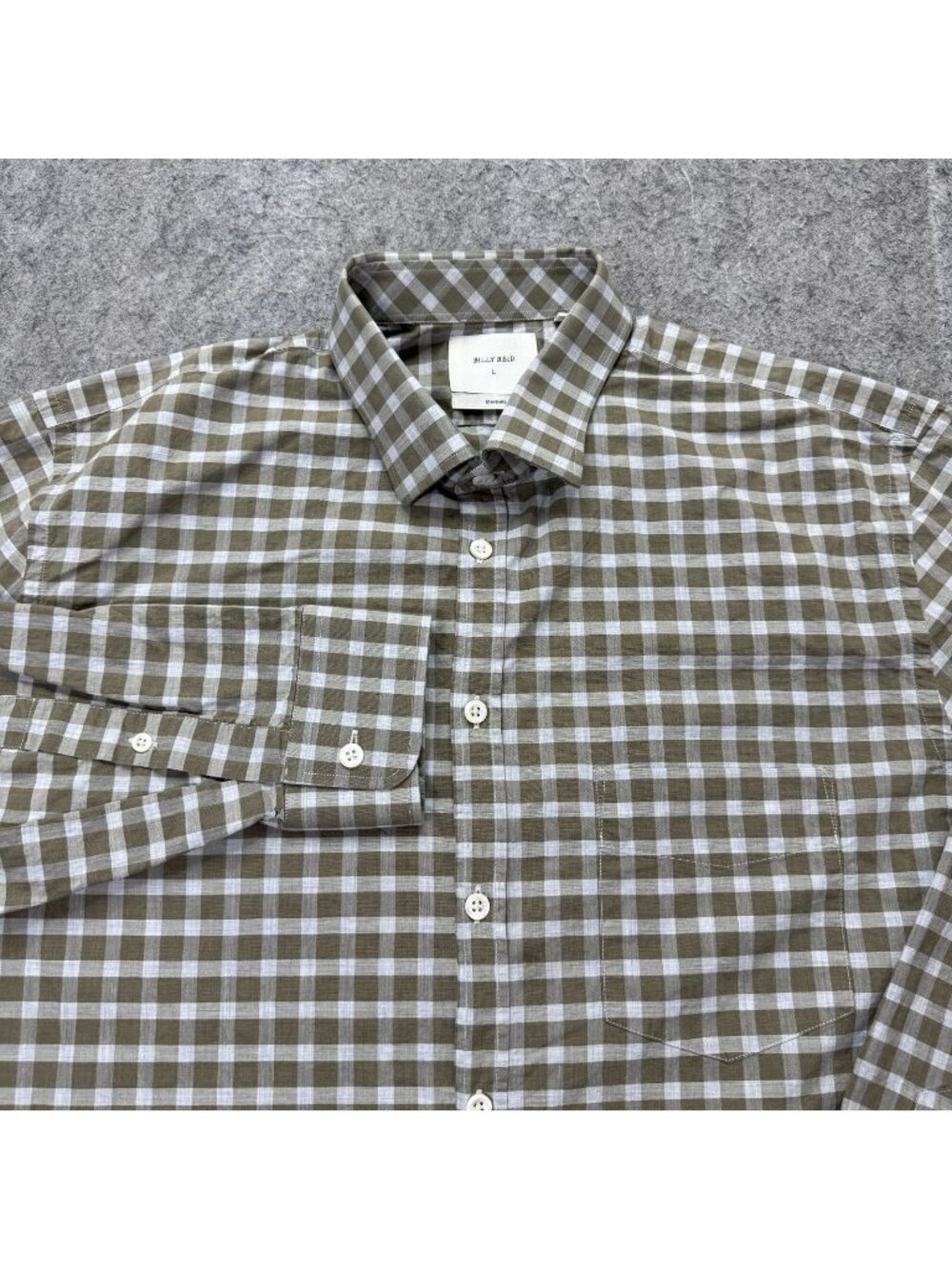 Billy Reid Shirt Men L Beige Gray Check Standard Cut Stretch Long Sleeve